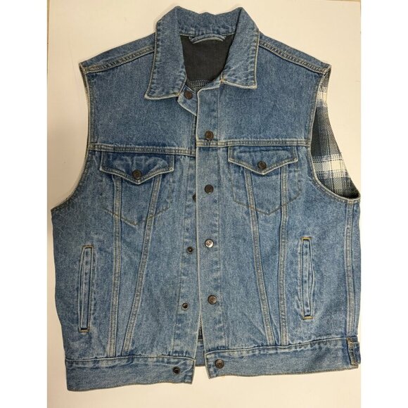VTG Disney Mickey Denim Vest Mens M 90s Y2K Flannel Travel Outdoor Reversible - Picture 2 of 10